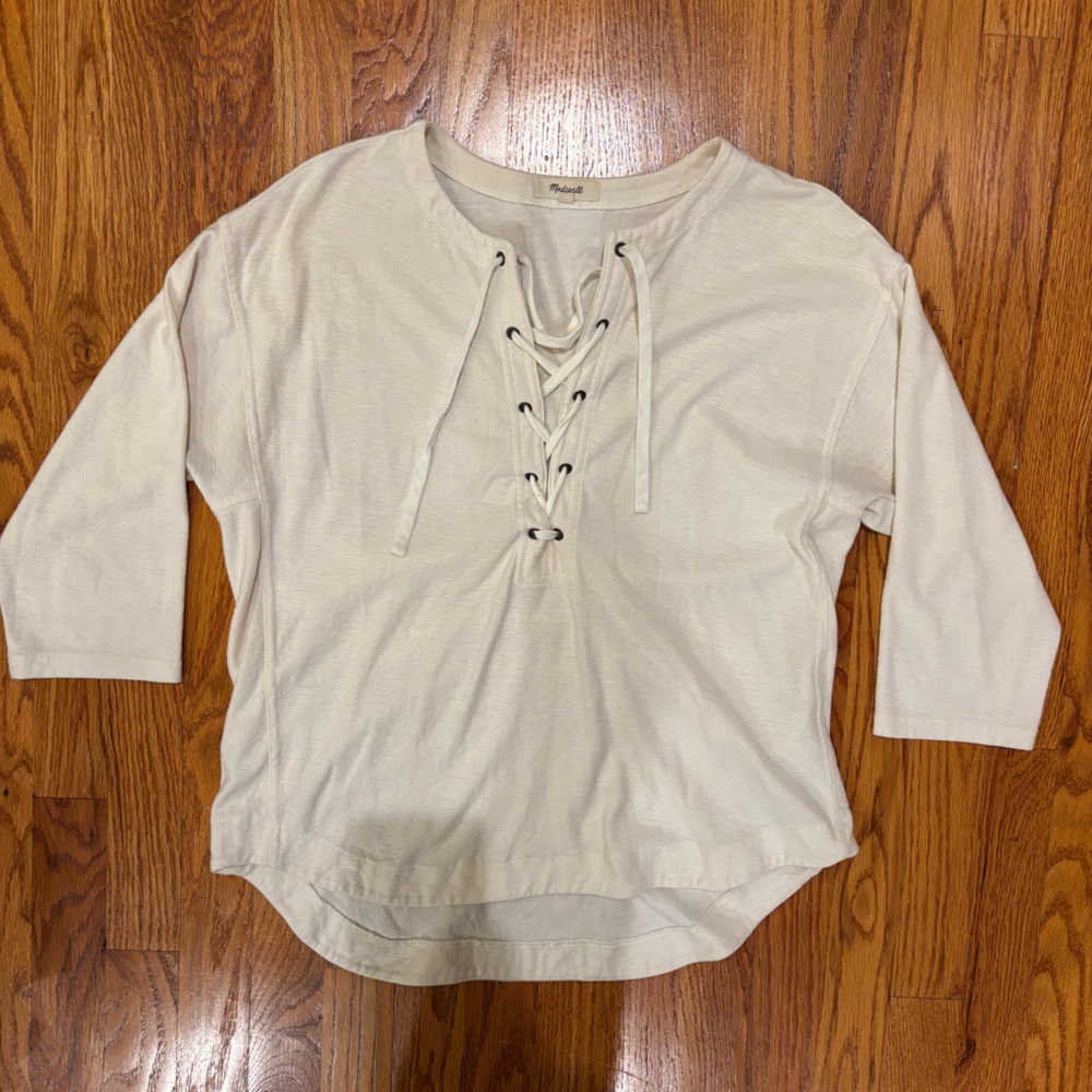 Madewell cream lace up three quarter sleeve shirt